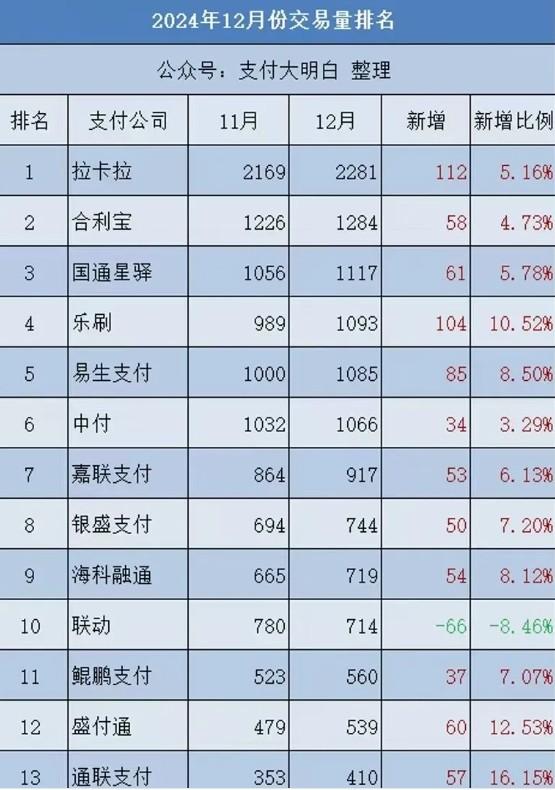24年12月POS機(jī)公司交易量排名